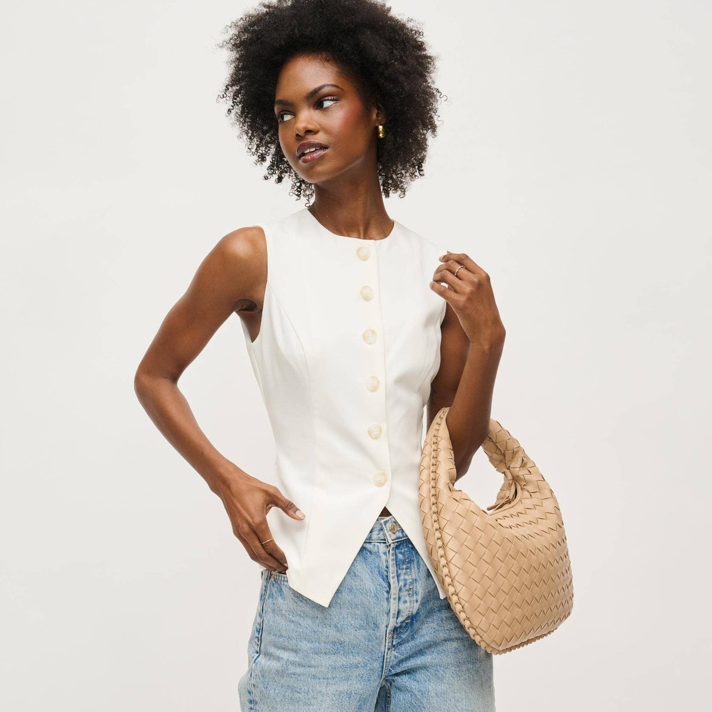 Wendy Woven Shoulder Bag in Butter Cream