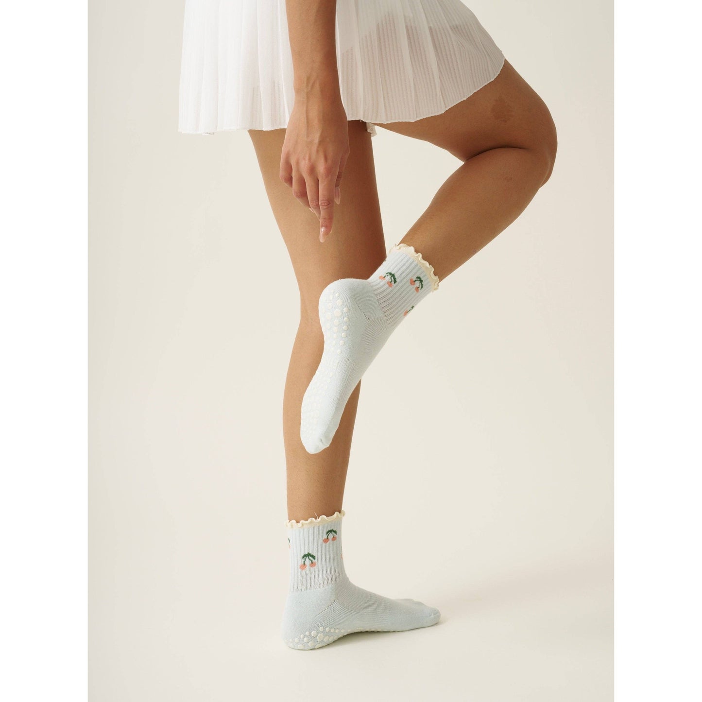 Cherry Ruffle Grip Sock in Baby Blue