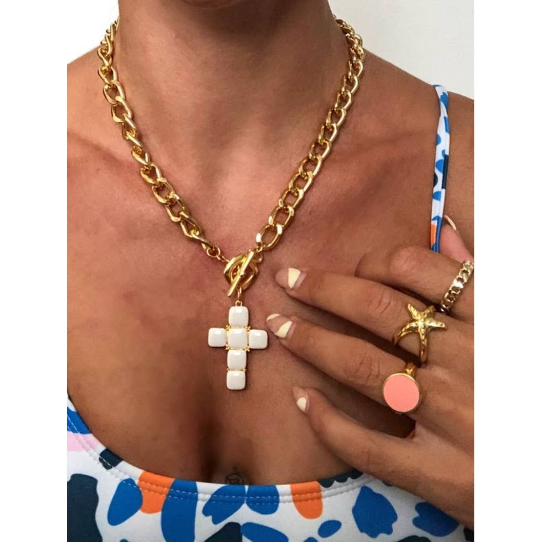 White Cross Necklace with Gold Chain