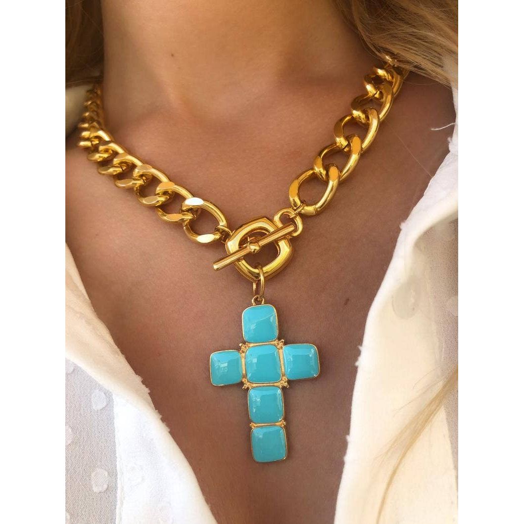 Gold Necklace with Turquoise Cross