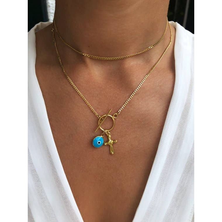 Gold Cross Necklace with Evil Eye