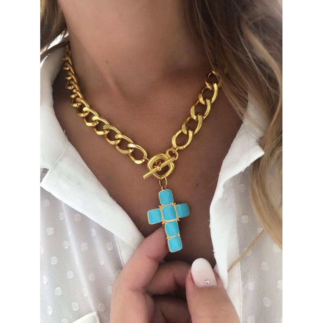 Gold Necklace with Turquoise Cross