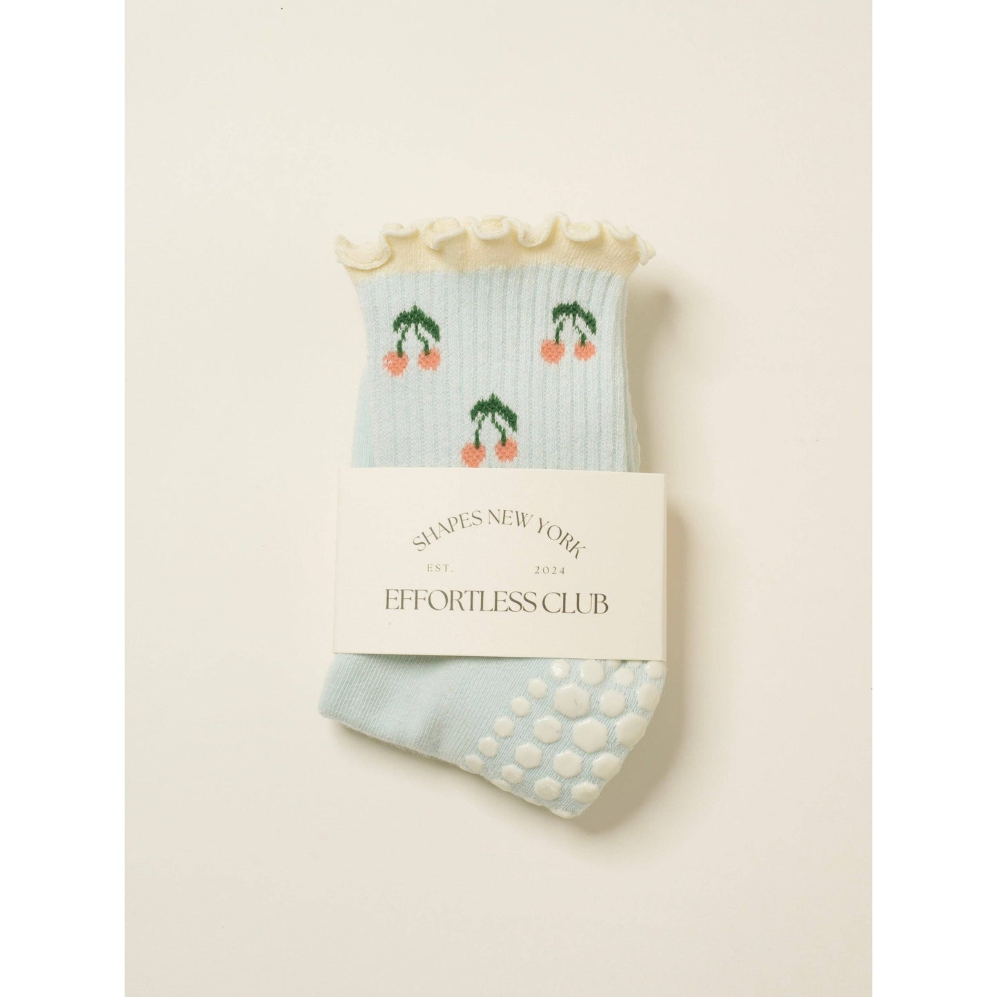 Cherry Ruffle Grip Sock in Baby Blue