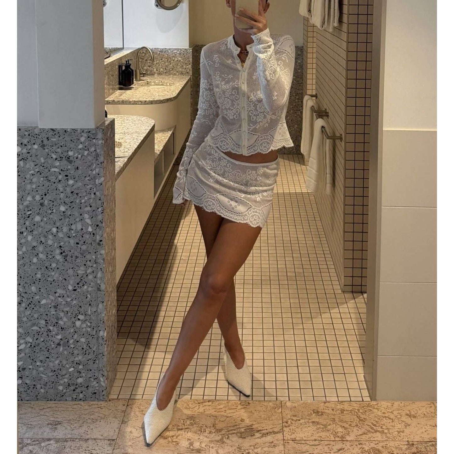 Lace Crochet Cardigan and Mini Skirt Set