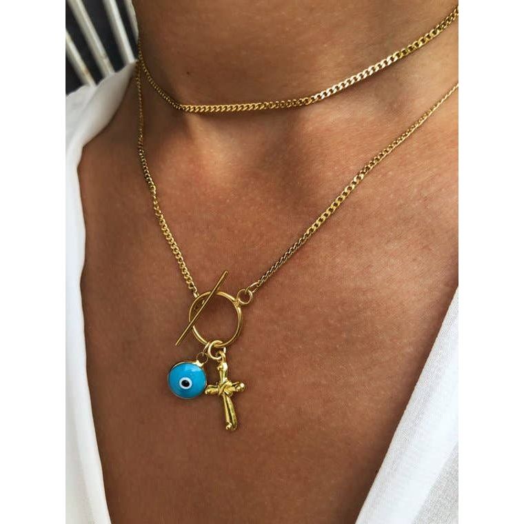 Gold Cross Necklace with Evil Eye