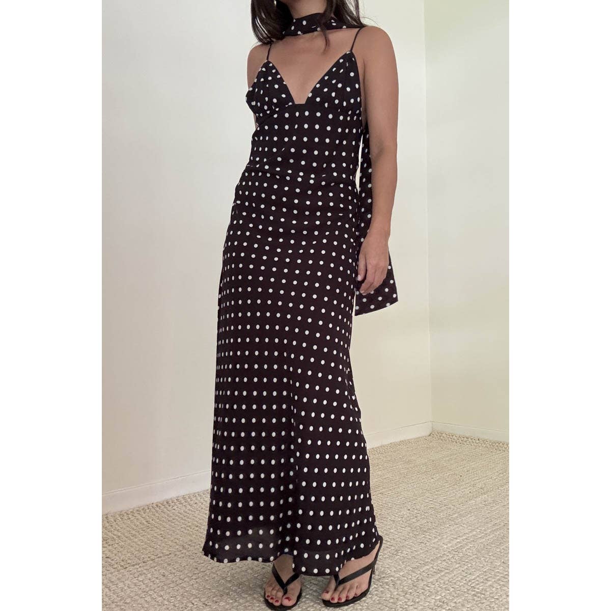 Polka Dot Chiffon Maxi Sleeveless Dress With Scarf: BLACK / S-M-L(3-2-1)