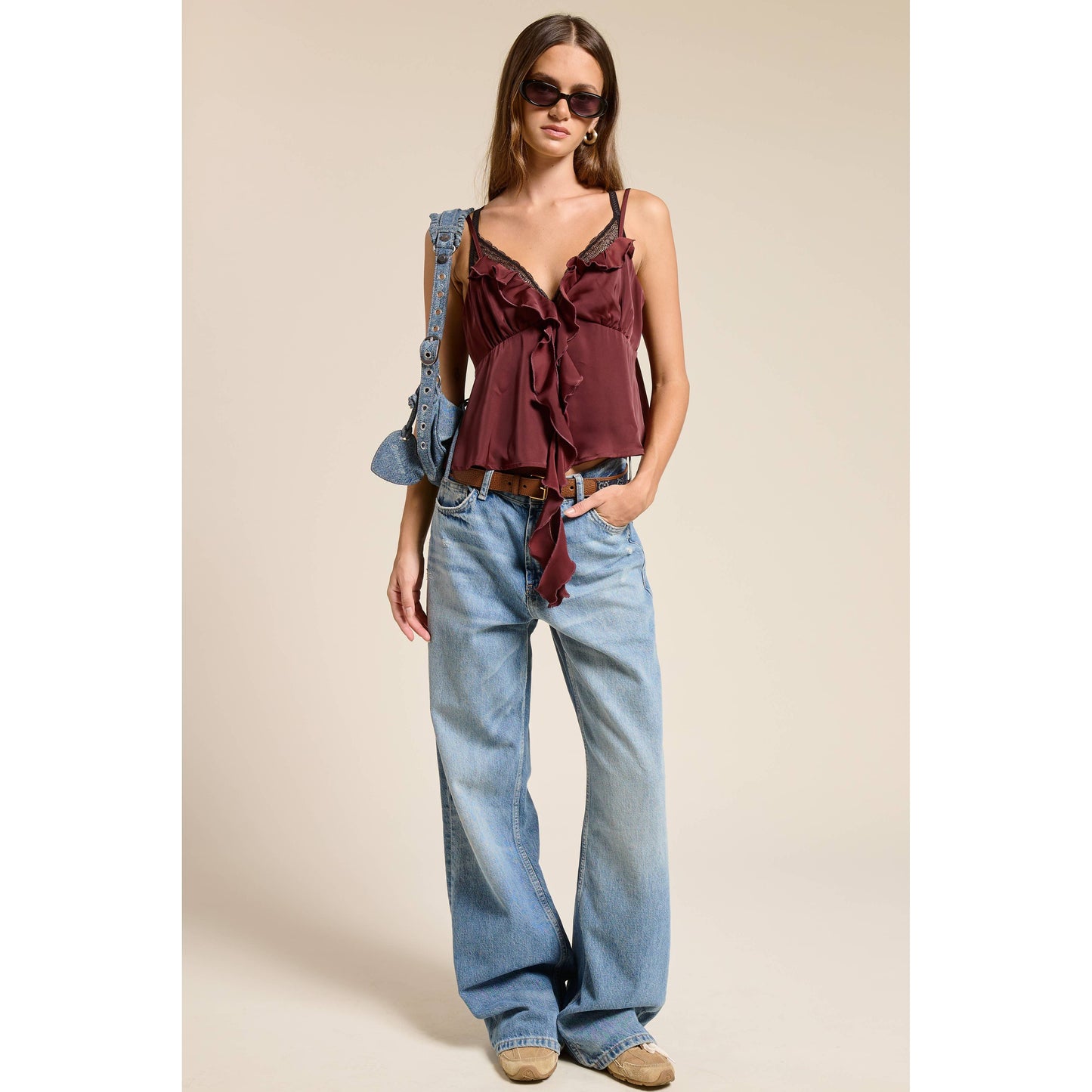 Silky Ruffle Tank in Merlot