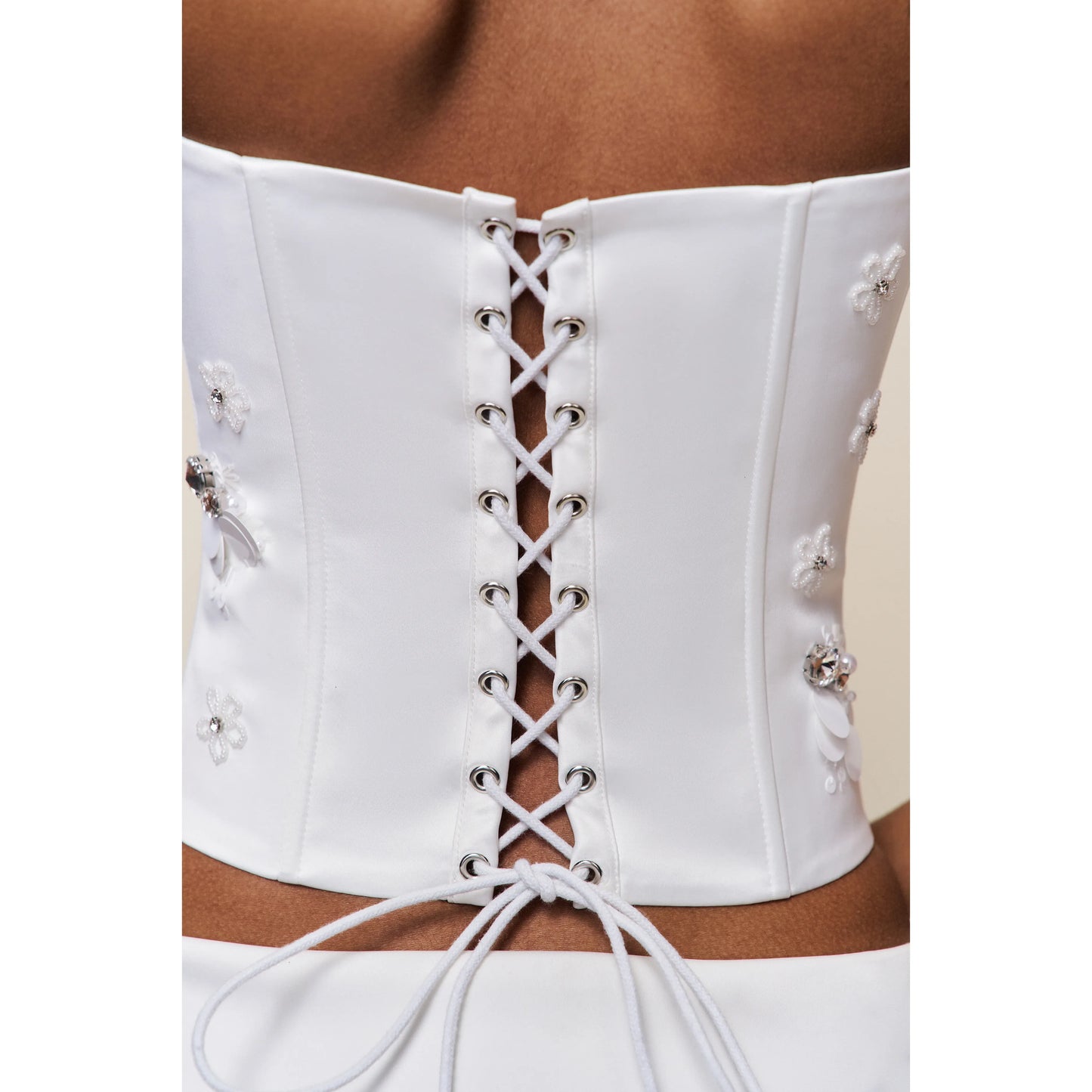 Embellished Satin Corset in White