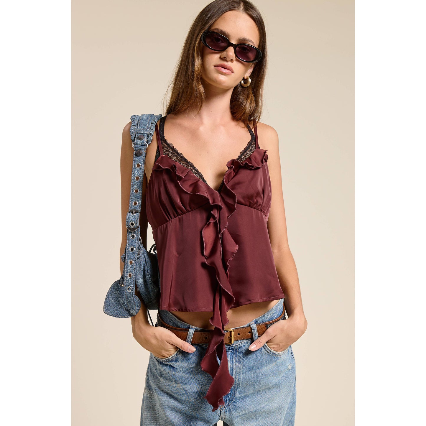 Silky Ruffle Tank in Merlot