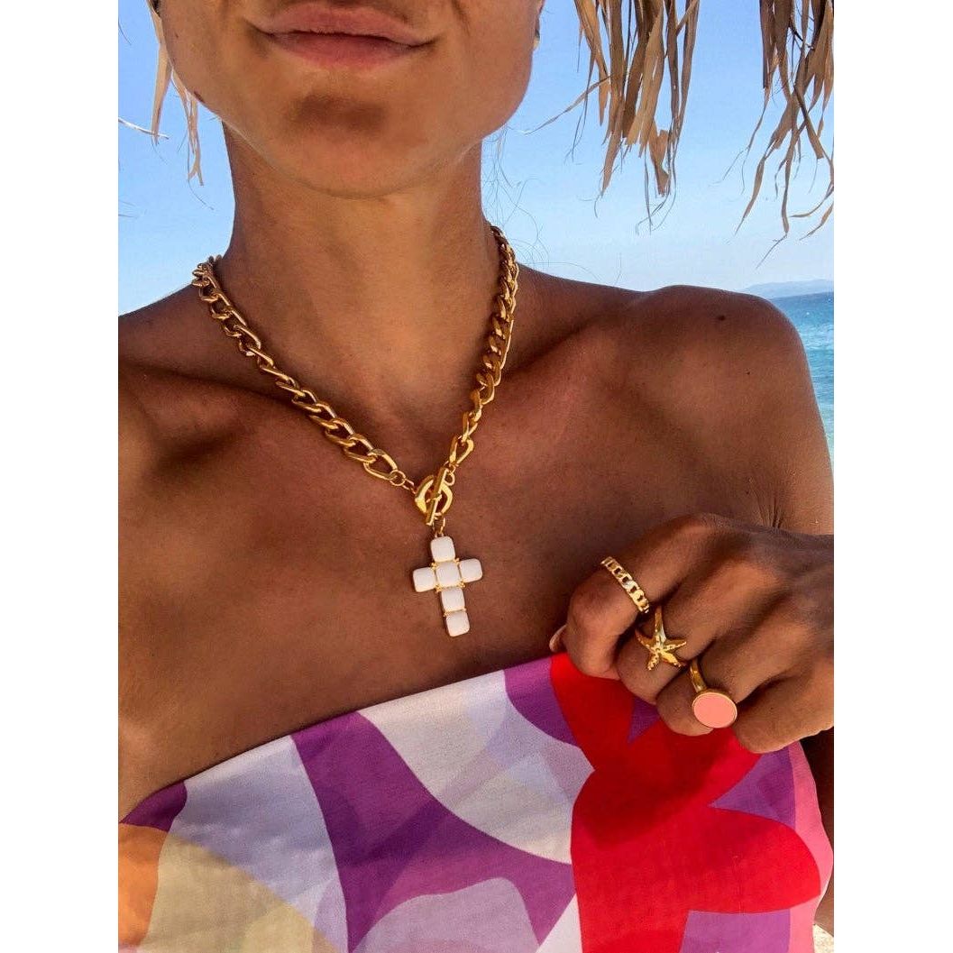White Cross Necklace with Gold Chain