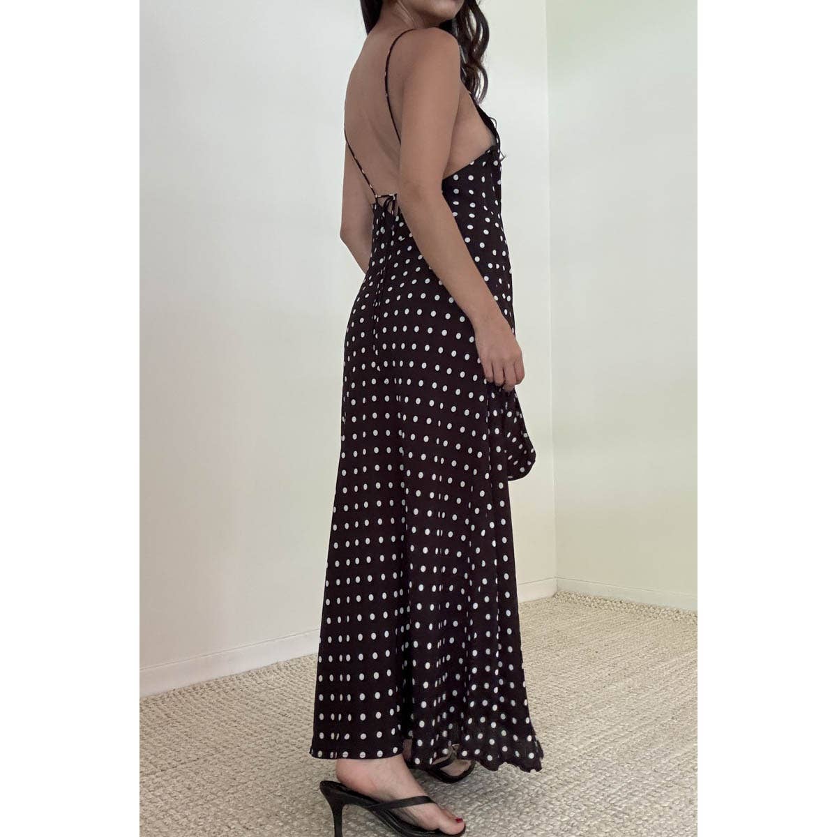 Polka Dot Chiffon Maxi Sleeveless Dress With Scarf: BLACK / S-M-L(3-2-1)