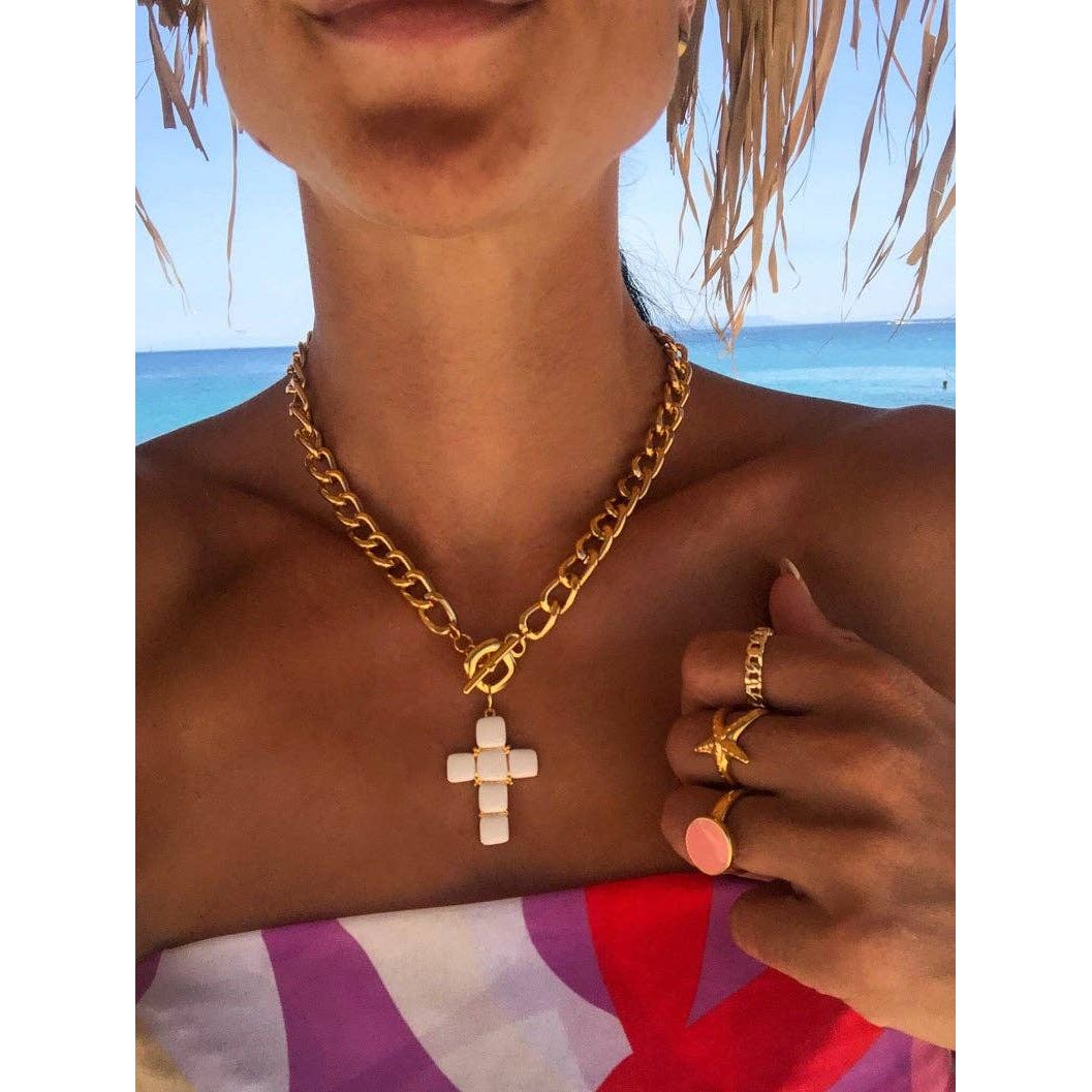 White Cross Necklace with Gold Chain