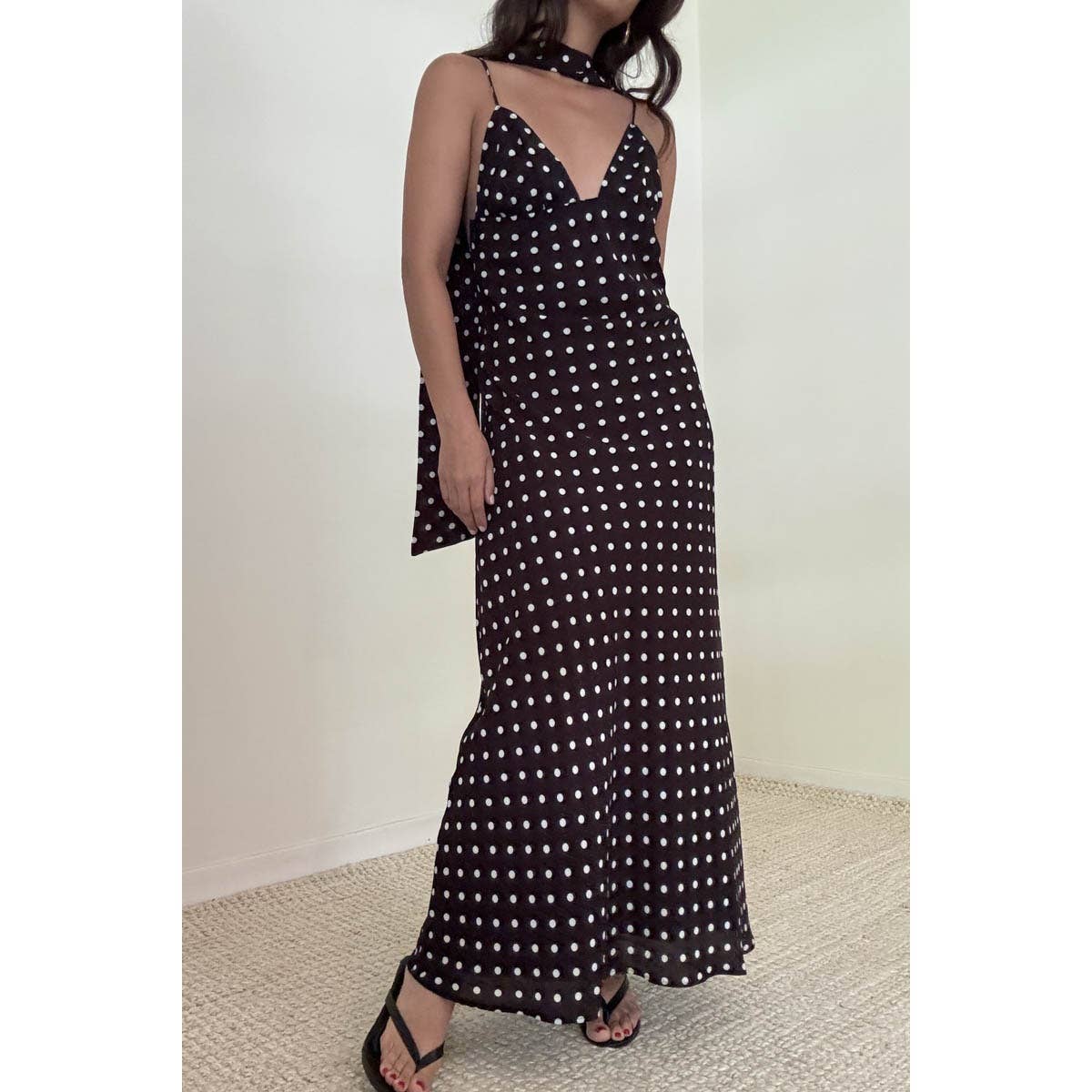 Polka Dot Chiffon Maxi Sleeveless Dress With Scarf: BLACK / S-M-L(3-2-1)