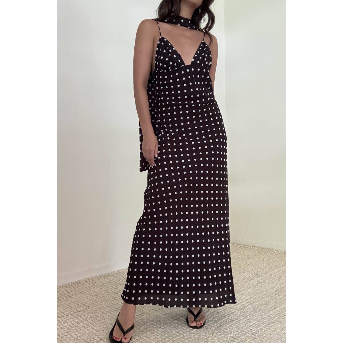 Polka Dot Chiffon Maxi Sleeveless Dress With Scarf: BLACK / S-M-L(3-2-1)