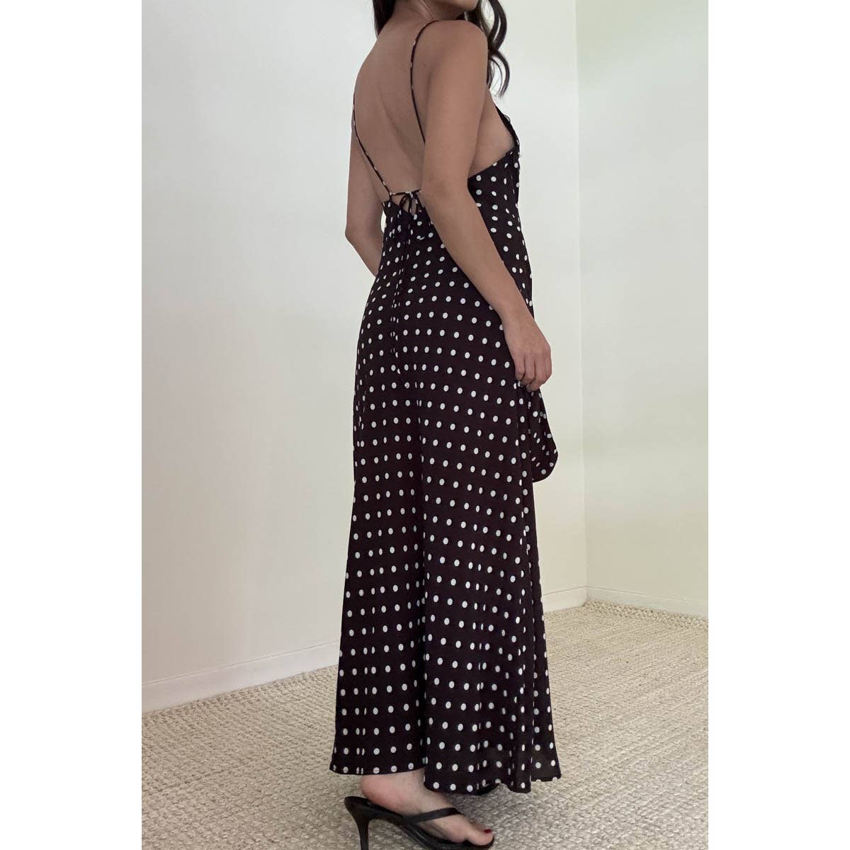 Polka Dot Chiffon Maxi Sleeveless Dress With Scarf: BLACK / S-M-L(3-2-1)