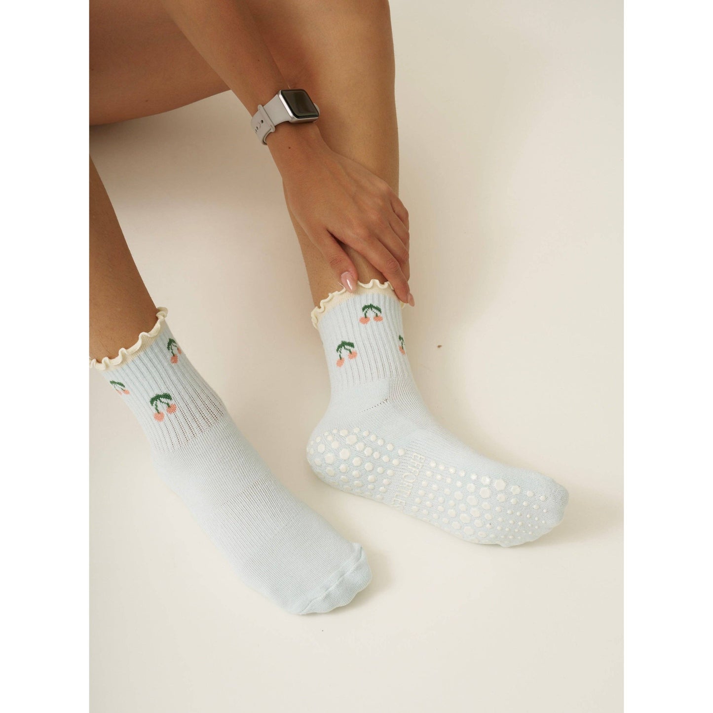 Cherry Ruffle Grip Sock in Baby Blue