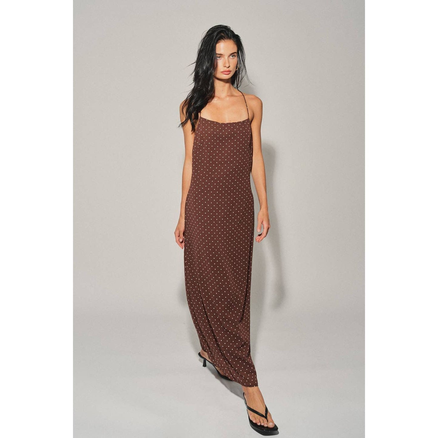 A4721D LADIES WOVEN POLKA DOT HALTER MIDI DRESS : Chocolate / S