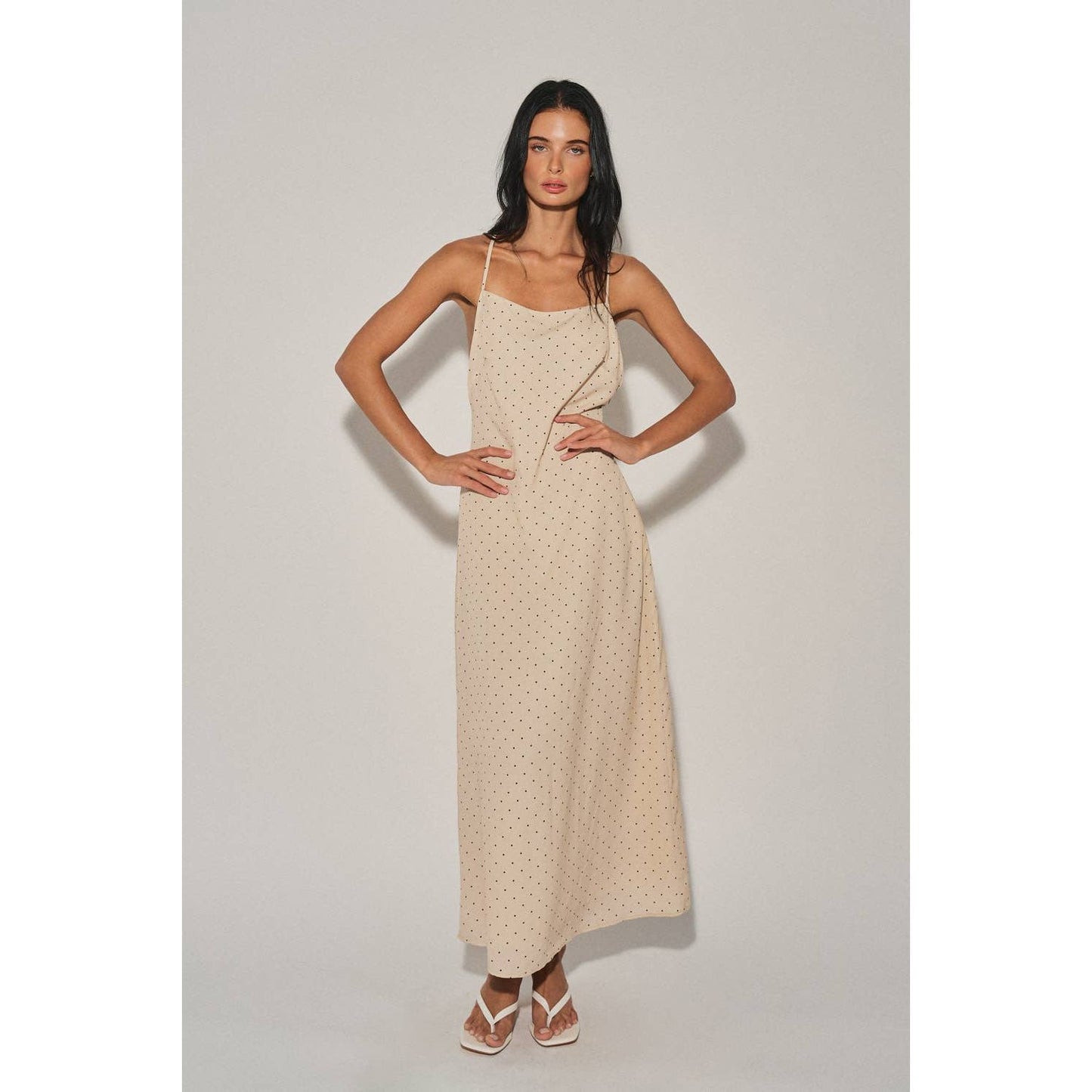 A4721D LADIES WOVEN POLKA DOT HALTER MIDI DRESS : Chocolate / S