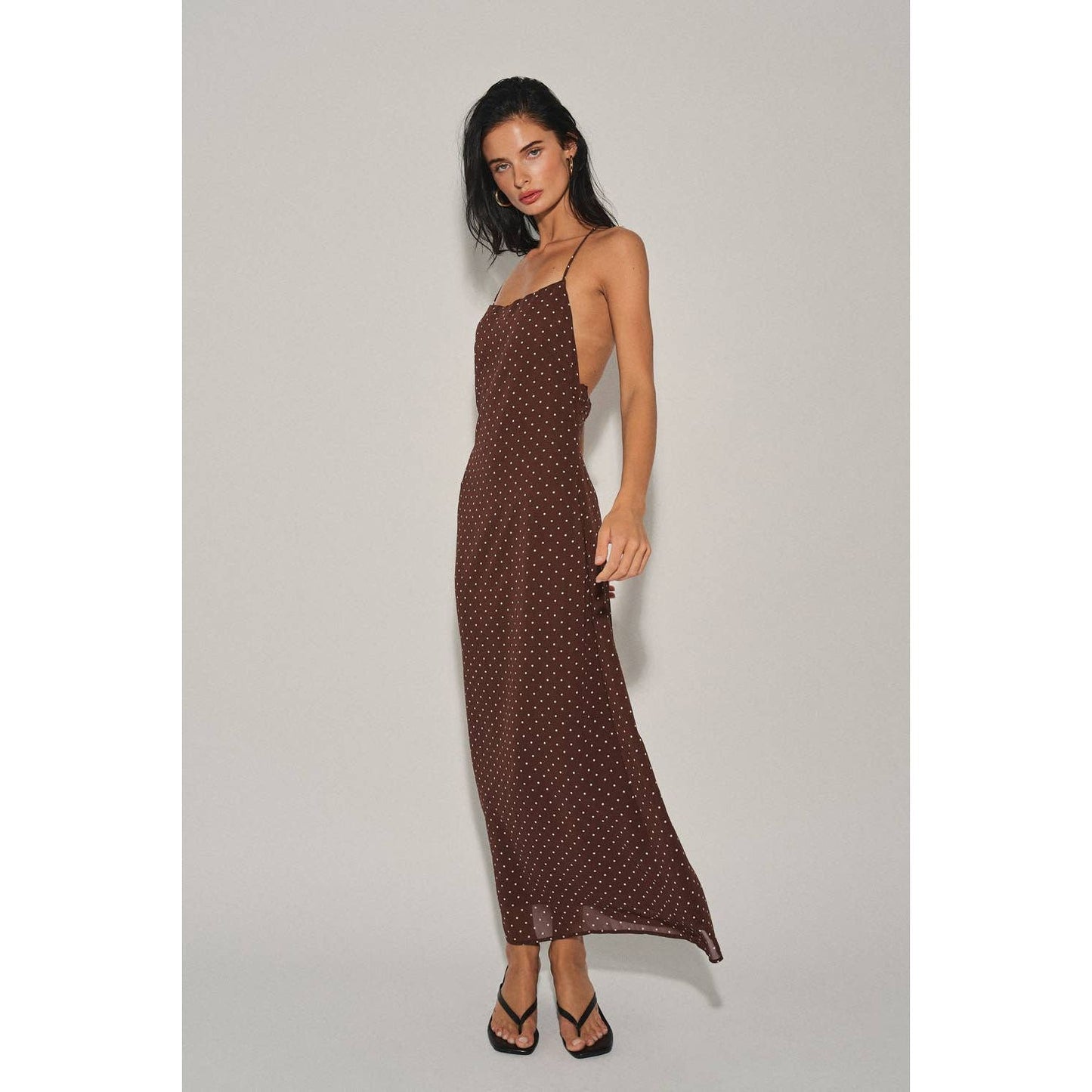 A4721D LADIES WOVEN POLKA DOT HALTER MIDI DRESS : Chocolate / L