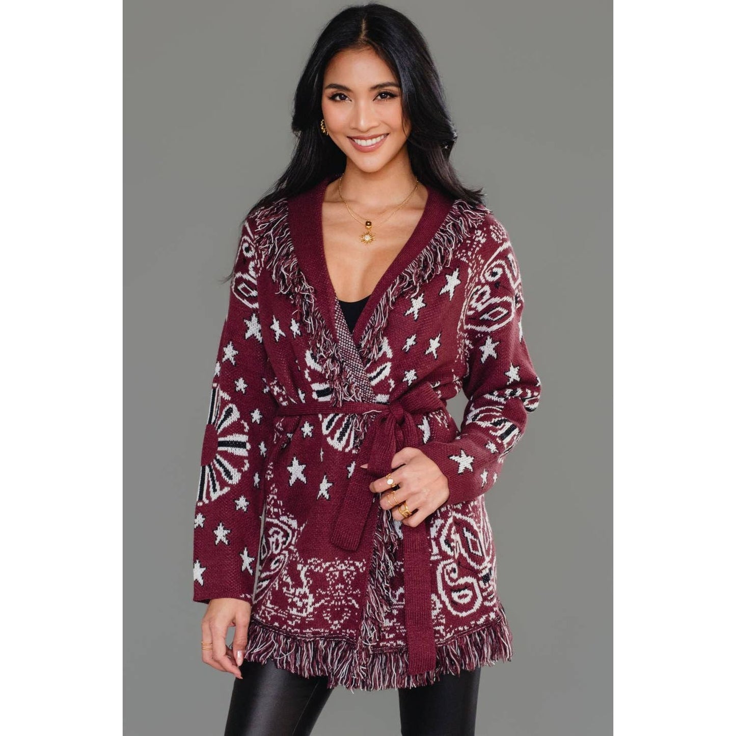Burgundy Bandana Fringe Cardigan