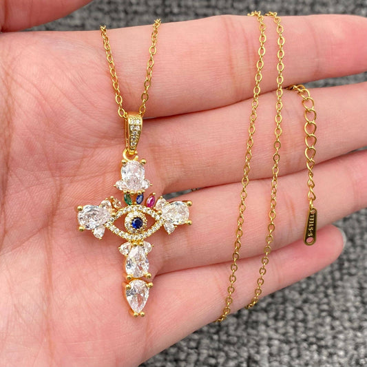 Rhinestone + Evil Eye Cross Charm Golden Necklace