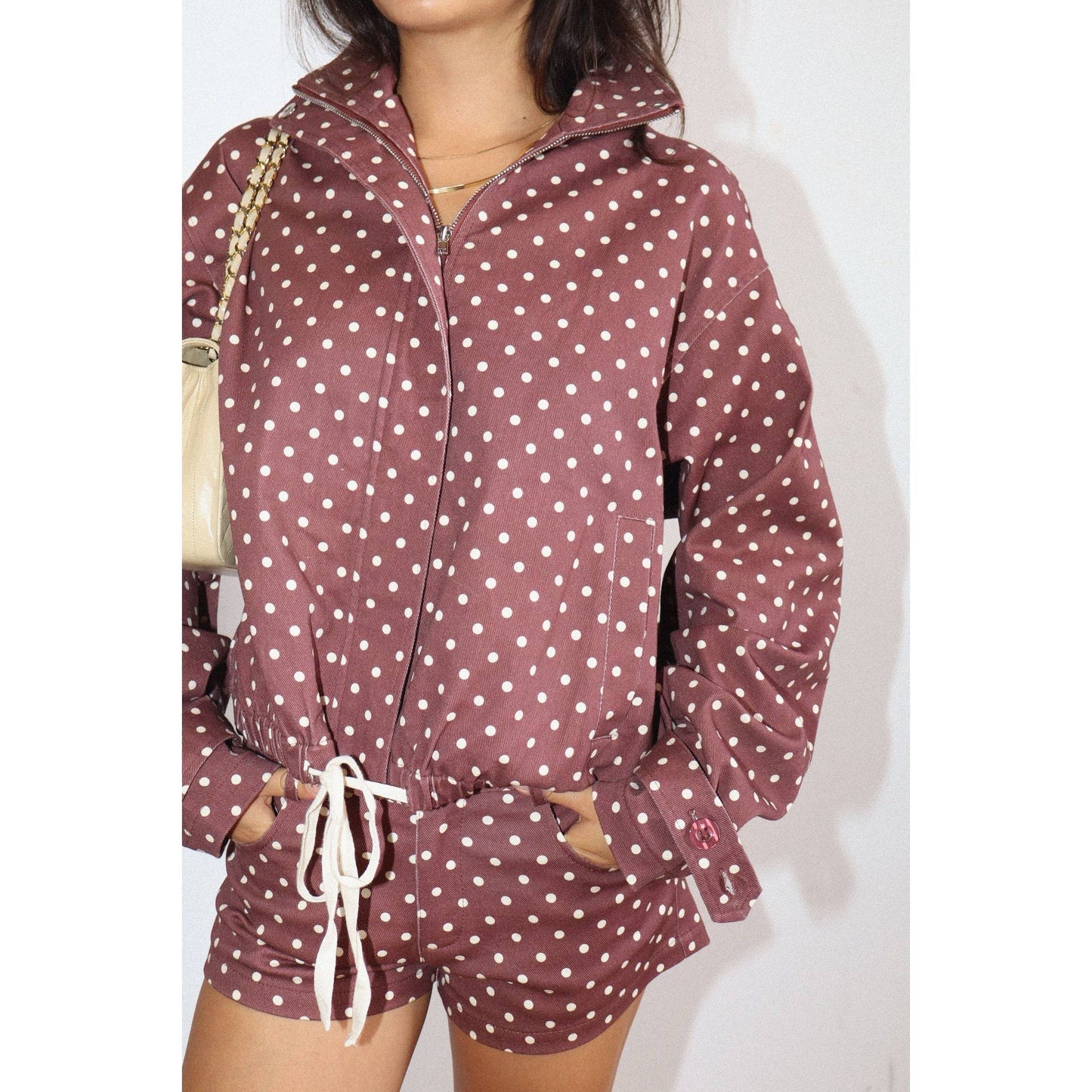 Polka Dot Zip-Up Windbreaker: CREAM / M