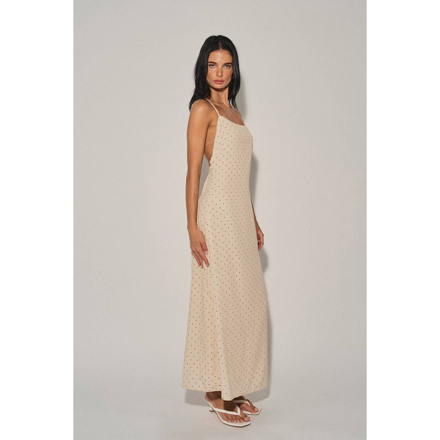 A4721D LADIES WOVEN POLKA DOT HALTER MIDI DRESS : Chocolate / L