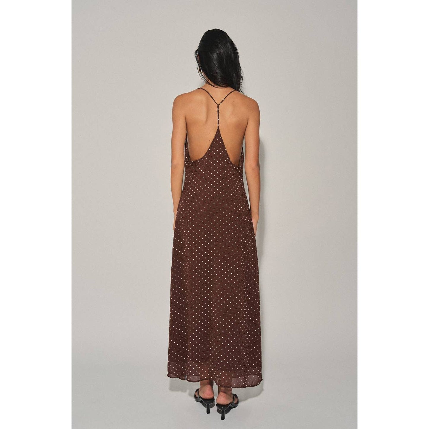 A4721D LADIES WOVEN POLKA DOT HALTER MIDI DRESS : Chocolate / L