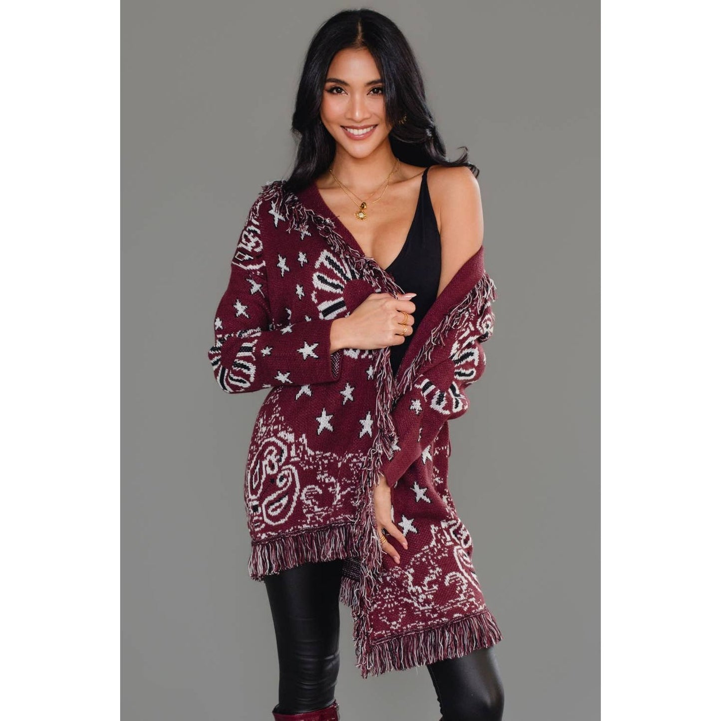 Burgundy Bandana Fringe Cardigan