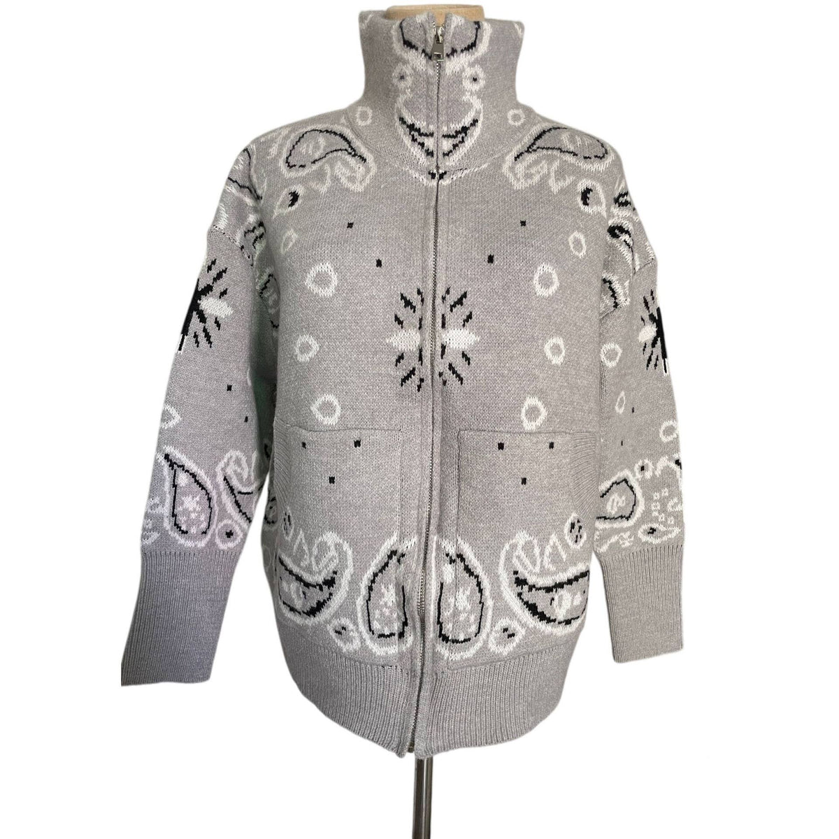 Bandana-Inspired Paisley Zip-Up Knit Cardigan Jacket: Red / M