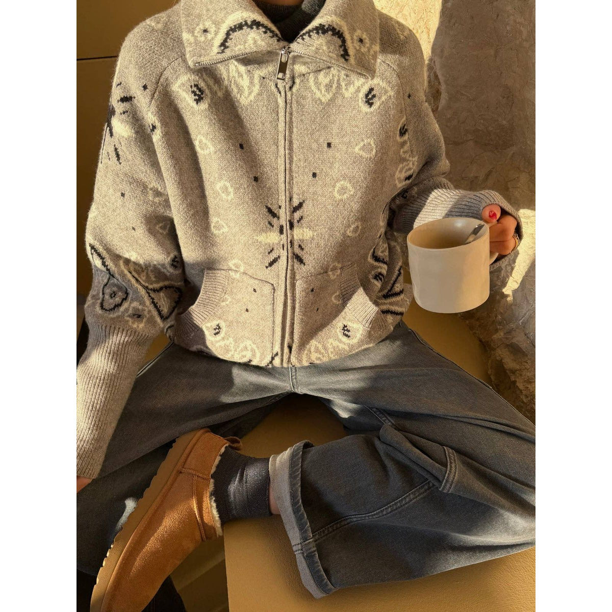 Bandana-Inspired Paisley Zip-Up Knit Cardigan Jacket: Red / S