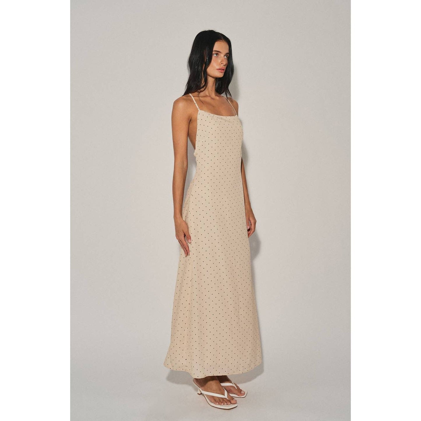 A4721D LADIES WOVEN POLKA DOT HALTER MIDI DRESS : Chocolate / M
