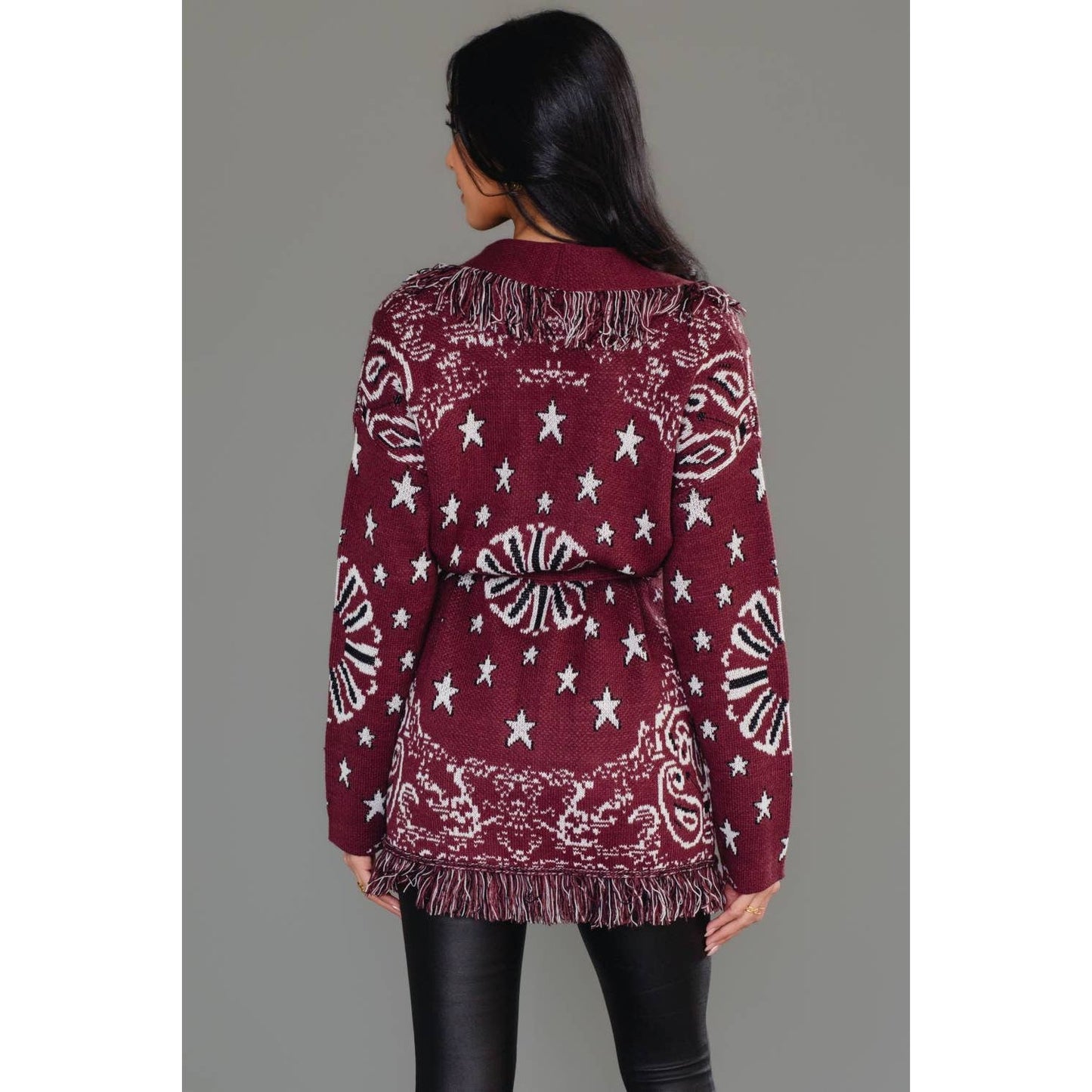 Burgundy Bandana Fringe Cardigan