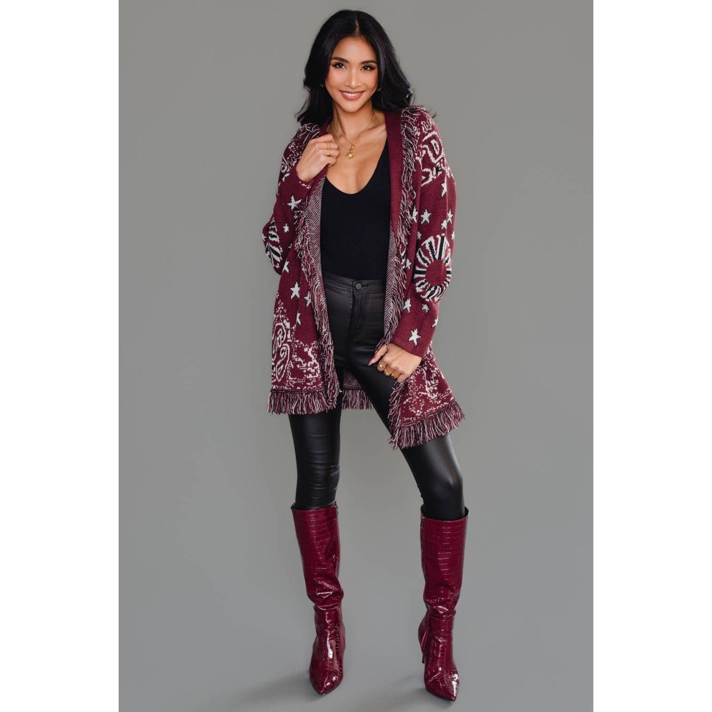 Burgundy Bandana Fringe Cardigan