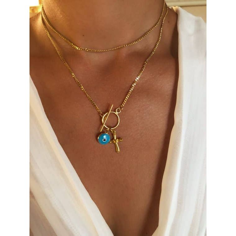 Gold Cross Necklace with Evil Eye