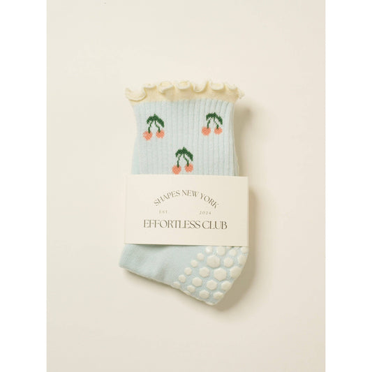Cherry Ruffle Grip Sock in Baby Blue