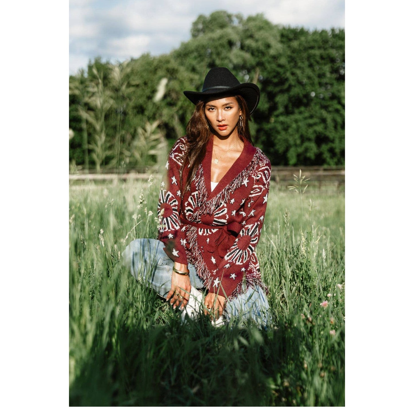 Burgundy Bandana Fringe Cardigan