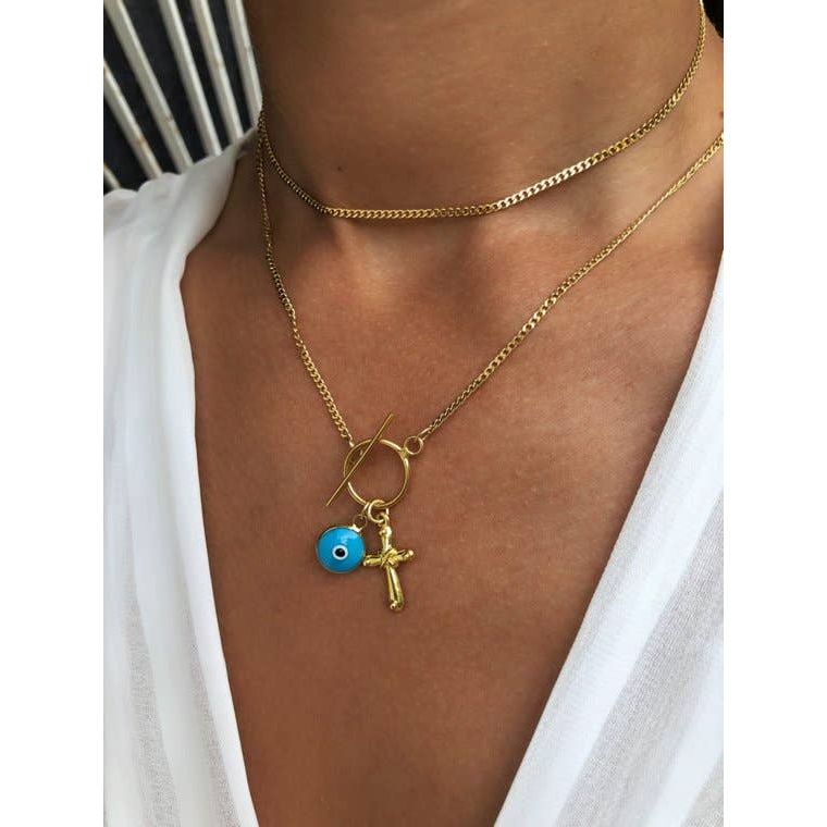 Gold Cross Necklace with Evil Eye