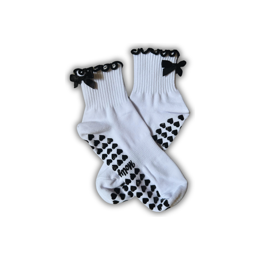 Black & White bow grip sock with heart grips