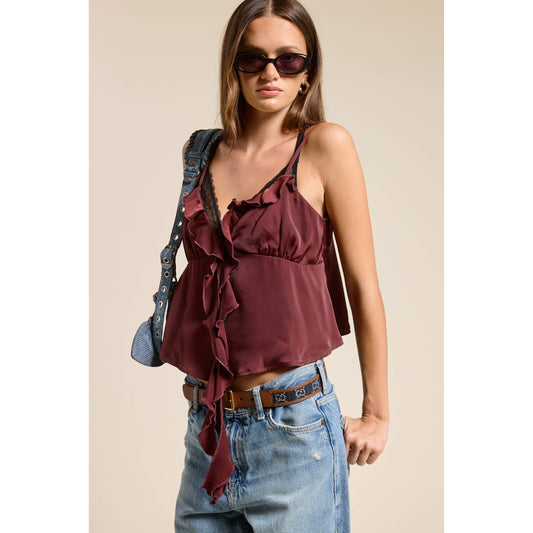 Silky Ruffle Tank in Merlot