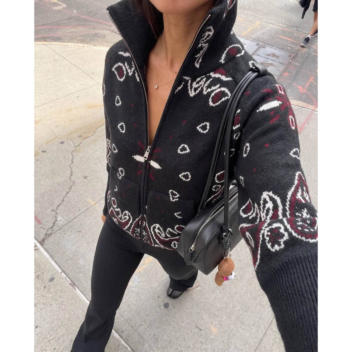 Bandana-Inspired Paisley Zip-Up Knit Cardigan Jacket: Red / M