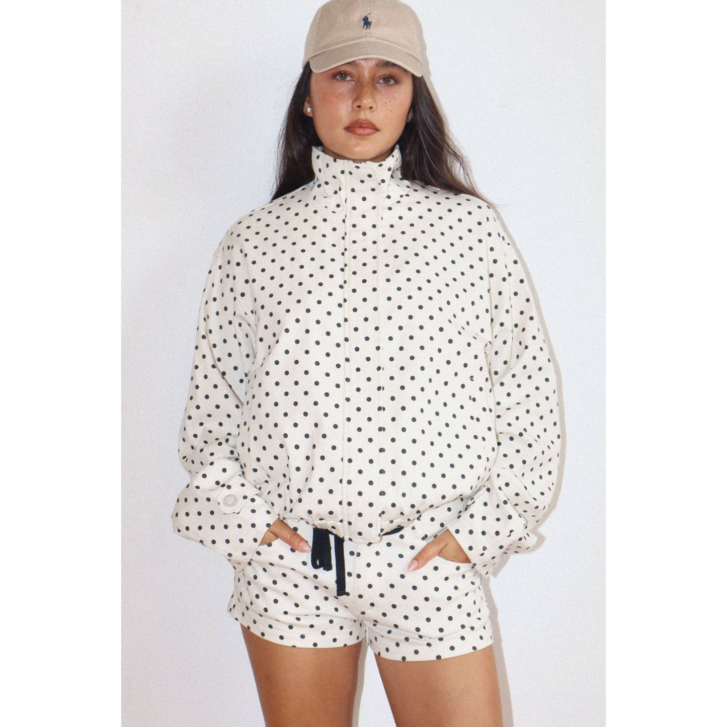 Polka Dot Zip-Up Windbreaker: CREAM / M