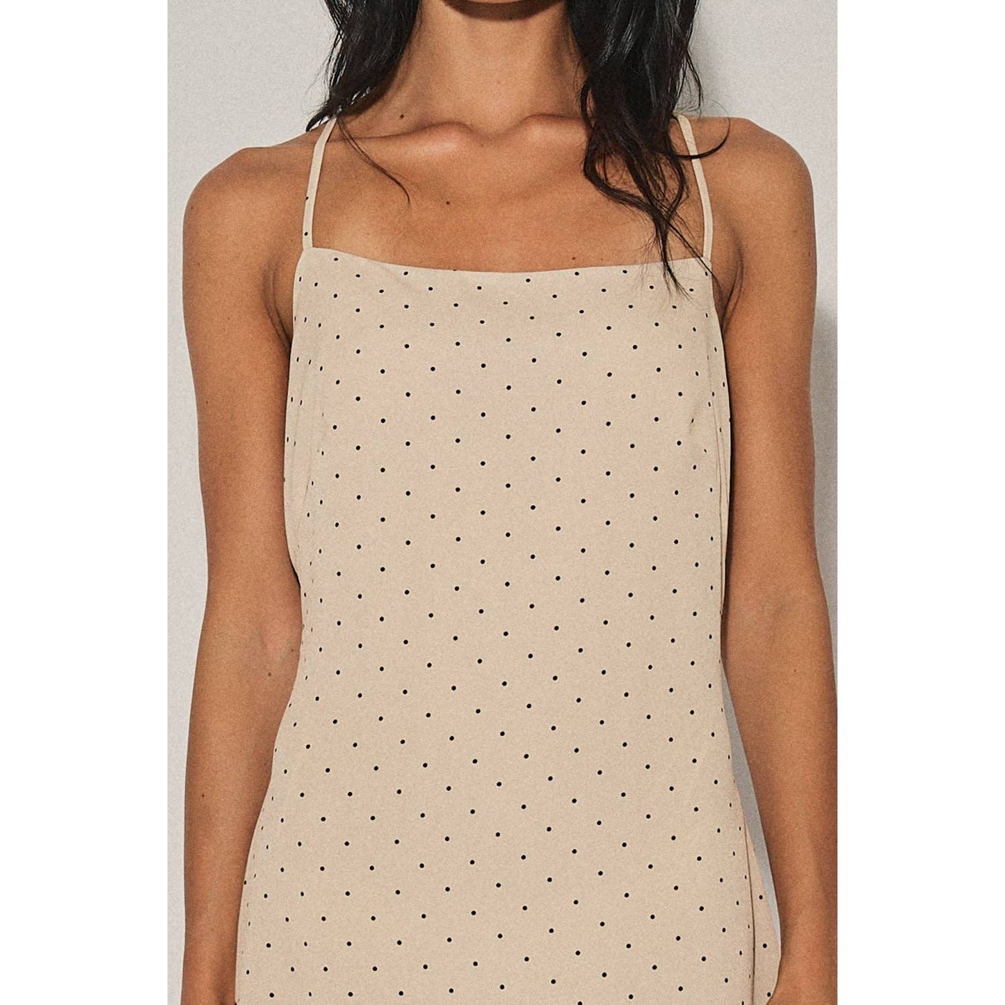 A4721D LADIES WOVEN POLKA DOT HALTER MIDI DRESS : Chocolate / M
