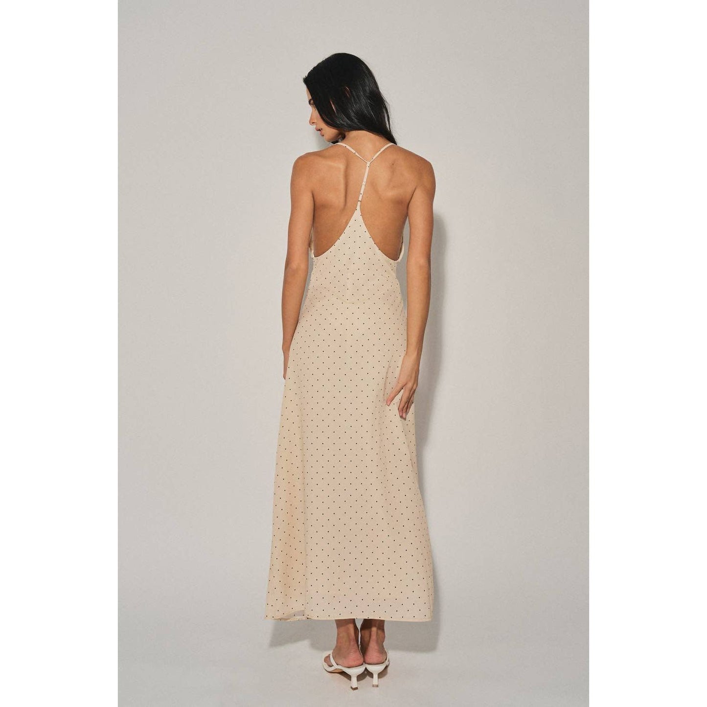 A4721D LADIES WOVEN POLKA DOT HALTER MIDI DRESS : Chocolate / L
