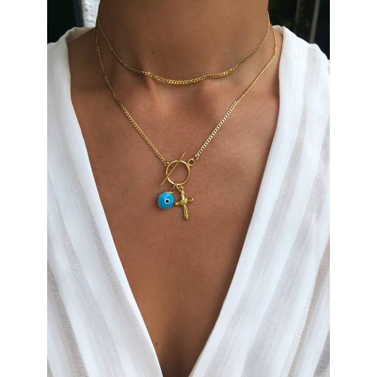 Gold Cross Necklace with Evil Eye
