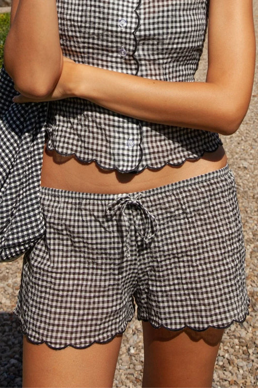 Black & White Gingham Scalloped Low- Rise Drawstring Short