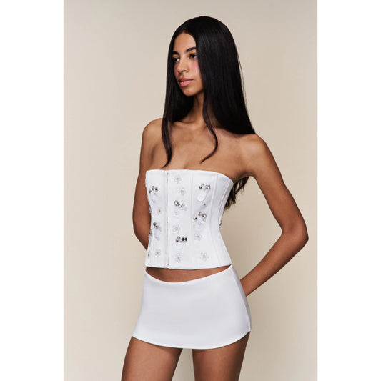 Embellished Satin Corset in White