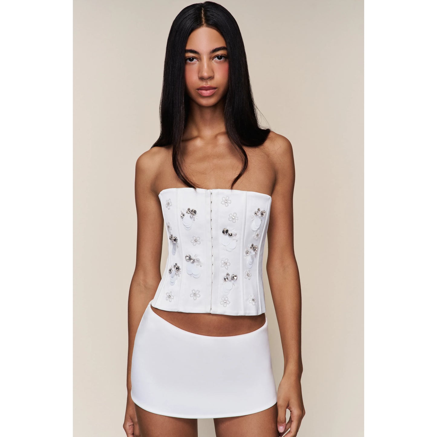 Embellished Satin Corset in White