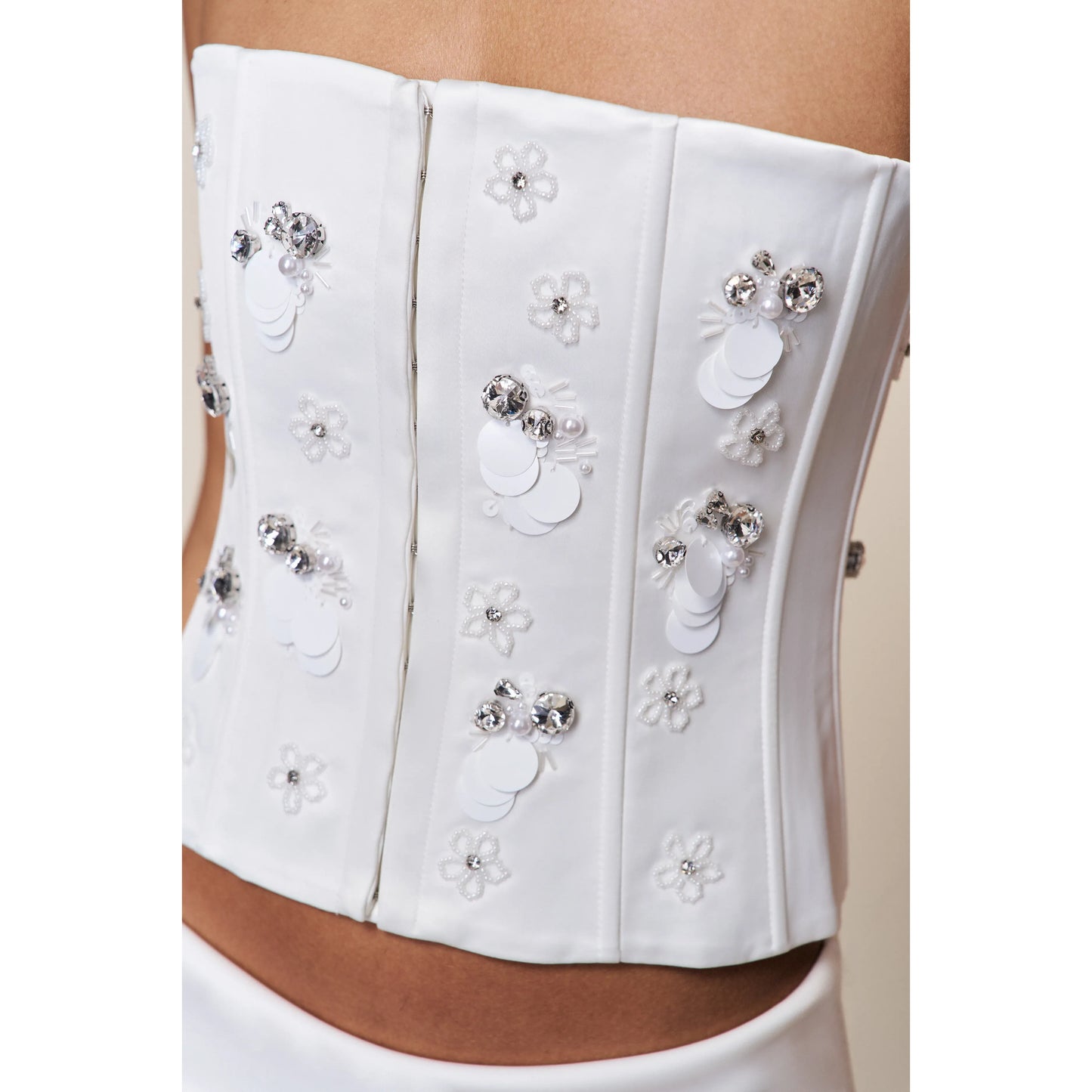 Embellished Satin Corset in White
