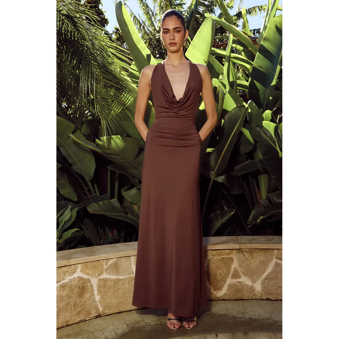 Ivy Cowl Racerback Maxi Dress in Mocha